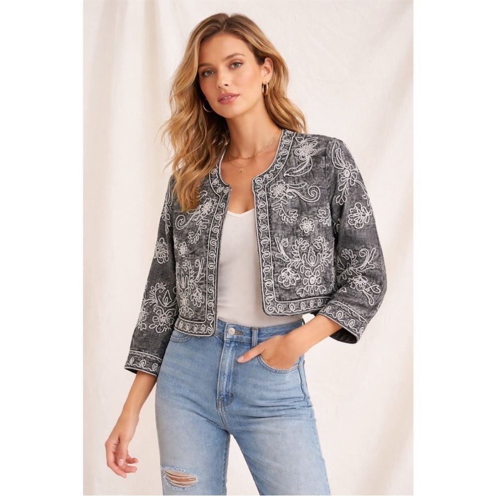 Soft Surroundings Wildwood Bolero Embroidered Jacket Acid Wash Gray White